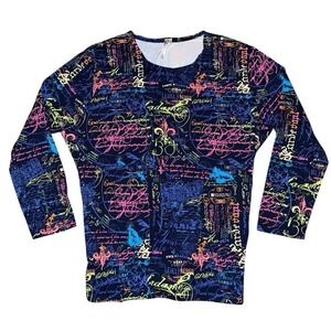 Lulu-B Top Women 1X Navy Multicolor Script Print 3/4 Sleeve Scoop Neck Stretch